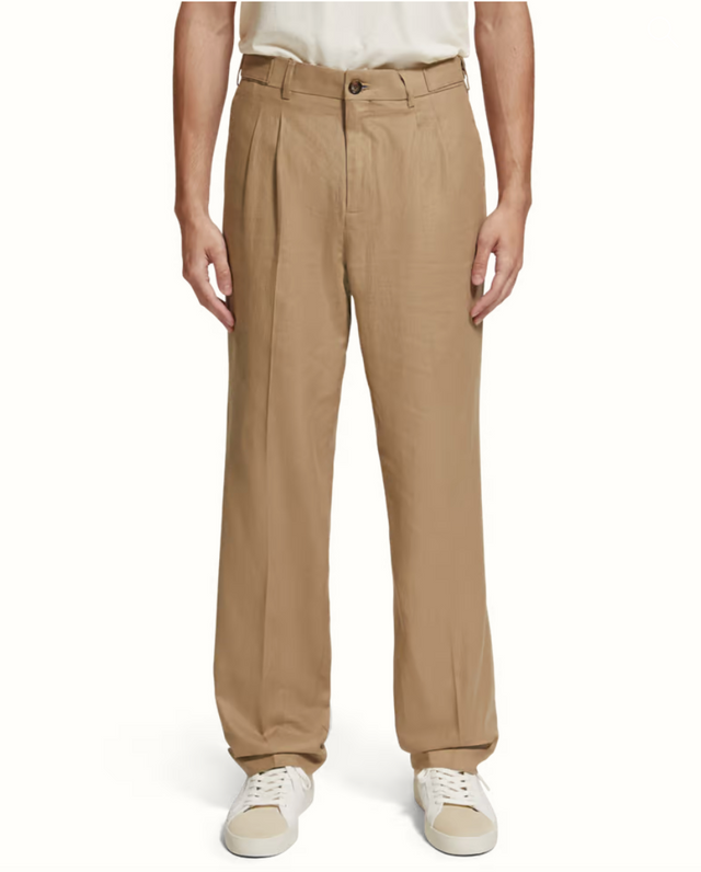 Scotch & Soda Seasonal Straight Fit Pleated Cotton/Linen Twill Chino Pant Seastone