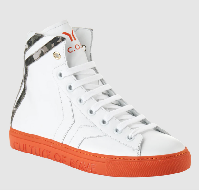 Culture of Brave Resilient Mens Mid Cut White Leather Sneaker in Camo Orange