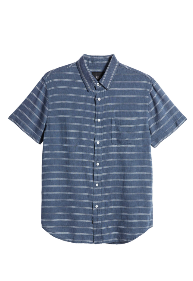 Rails Carson Dumont Stripe Navy Linen Button Down Short Sleeve Shirt
