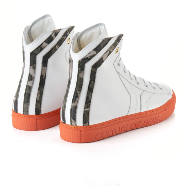 Culture of Brave Resilient Mens Mid Cut White Leather Sneaker in Camo Orange