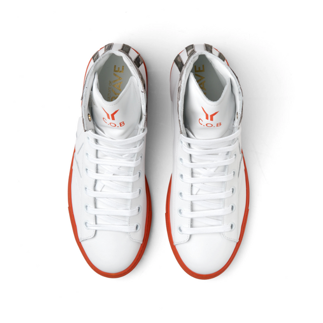 Culture of Brave Resilient Mens Mid Cut White Leather Sneaker in Camo Orange