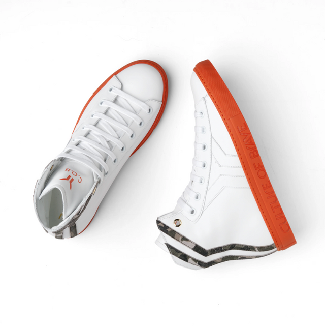 Culture of Brave Resilient Mens Mid Cut White Leather Sneaker in Camo Orange